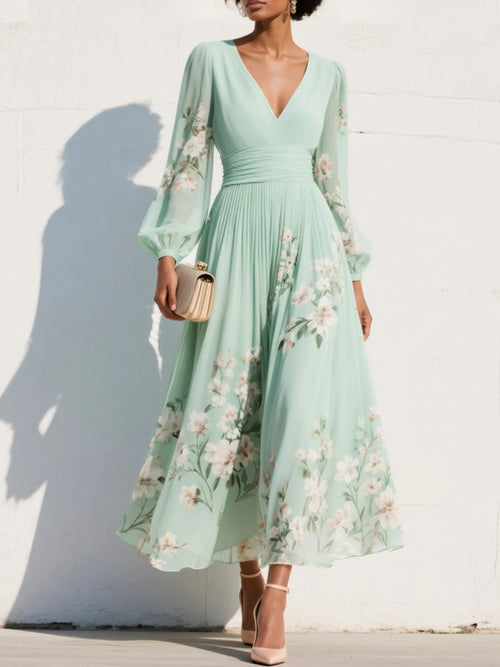 Biscayne Floral V-Neck Pleated Midi Dress