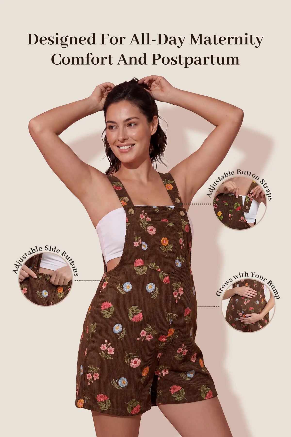 Harbor Bay Floral Maternity Short Overalls with Adjustable Straps
