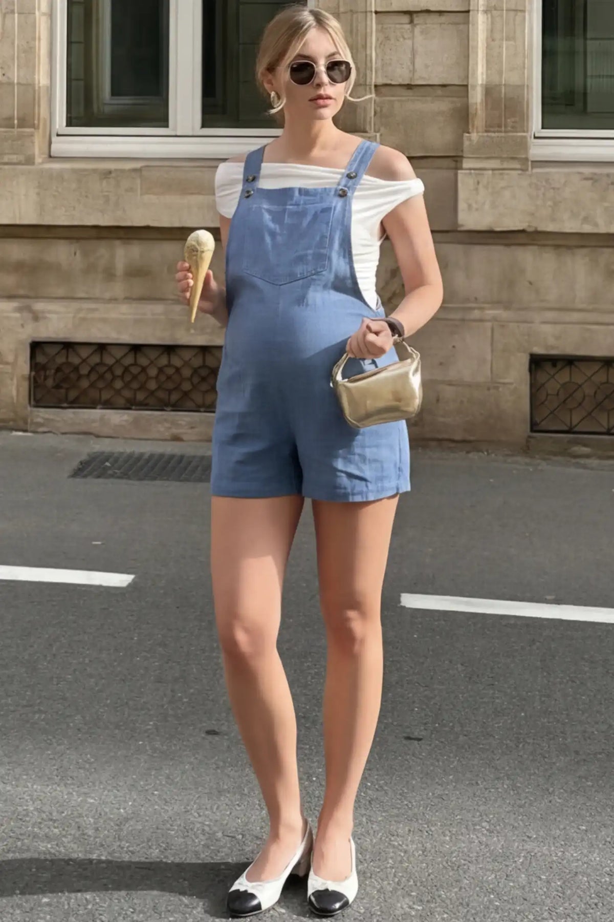 Adjustable-Waist Maternity Short Overalls with Pockets