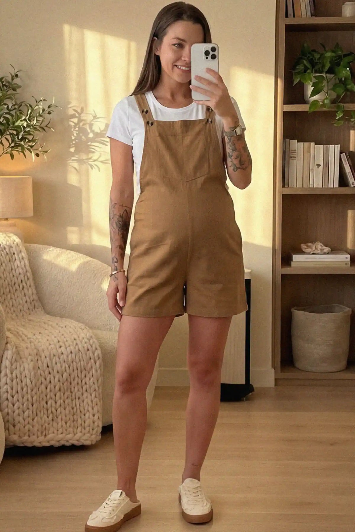 Adjustable-Waist Maternity Short Overalls with Pockets