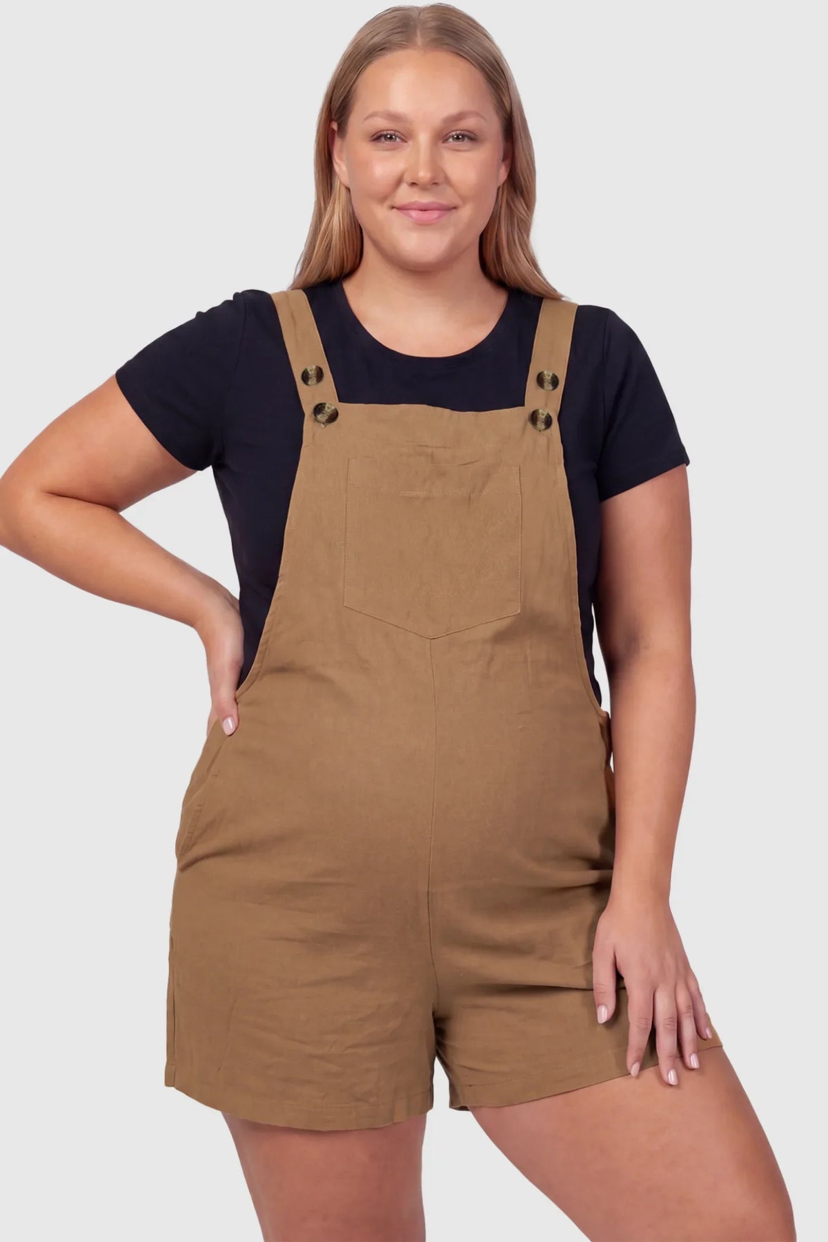 Adjustable-Waist Maternity Short Overalls with Pockets
