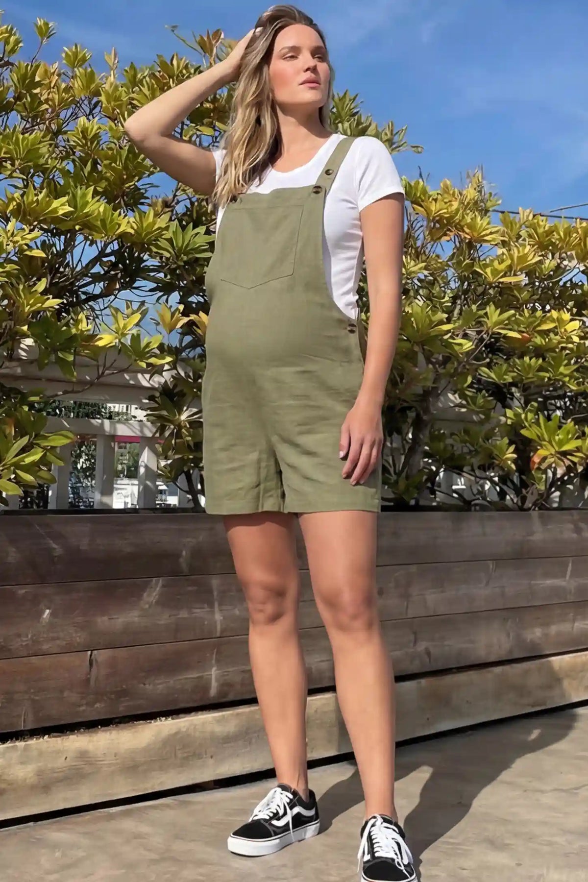 Adjustable-Waist Maternity Short Overalls with Pockets