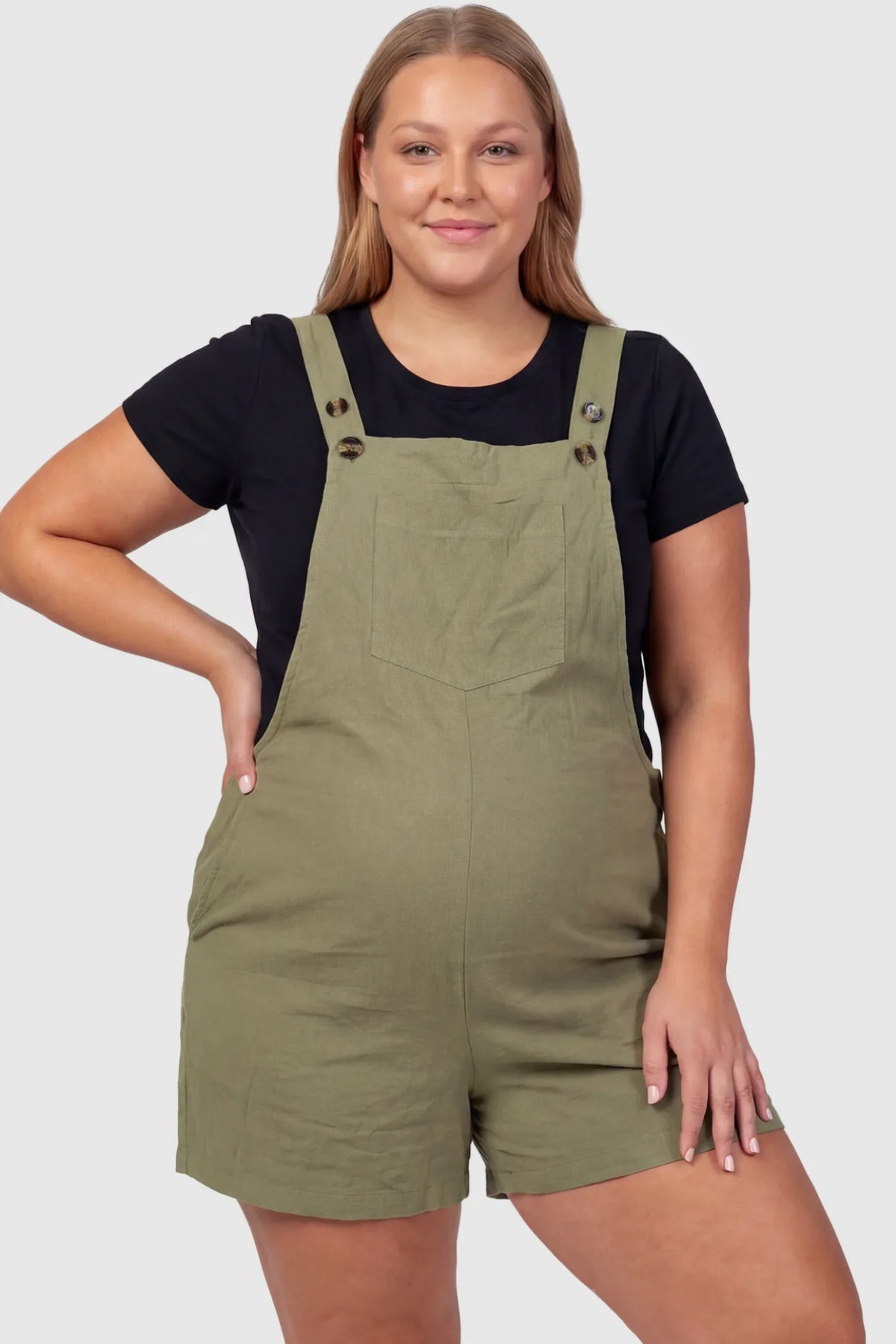 Adjustable-Waist Maternity Short Overalls with Pockets
