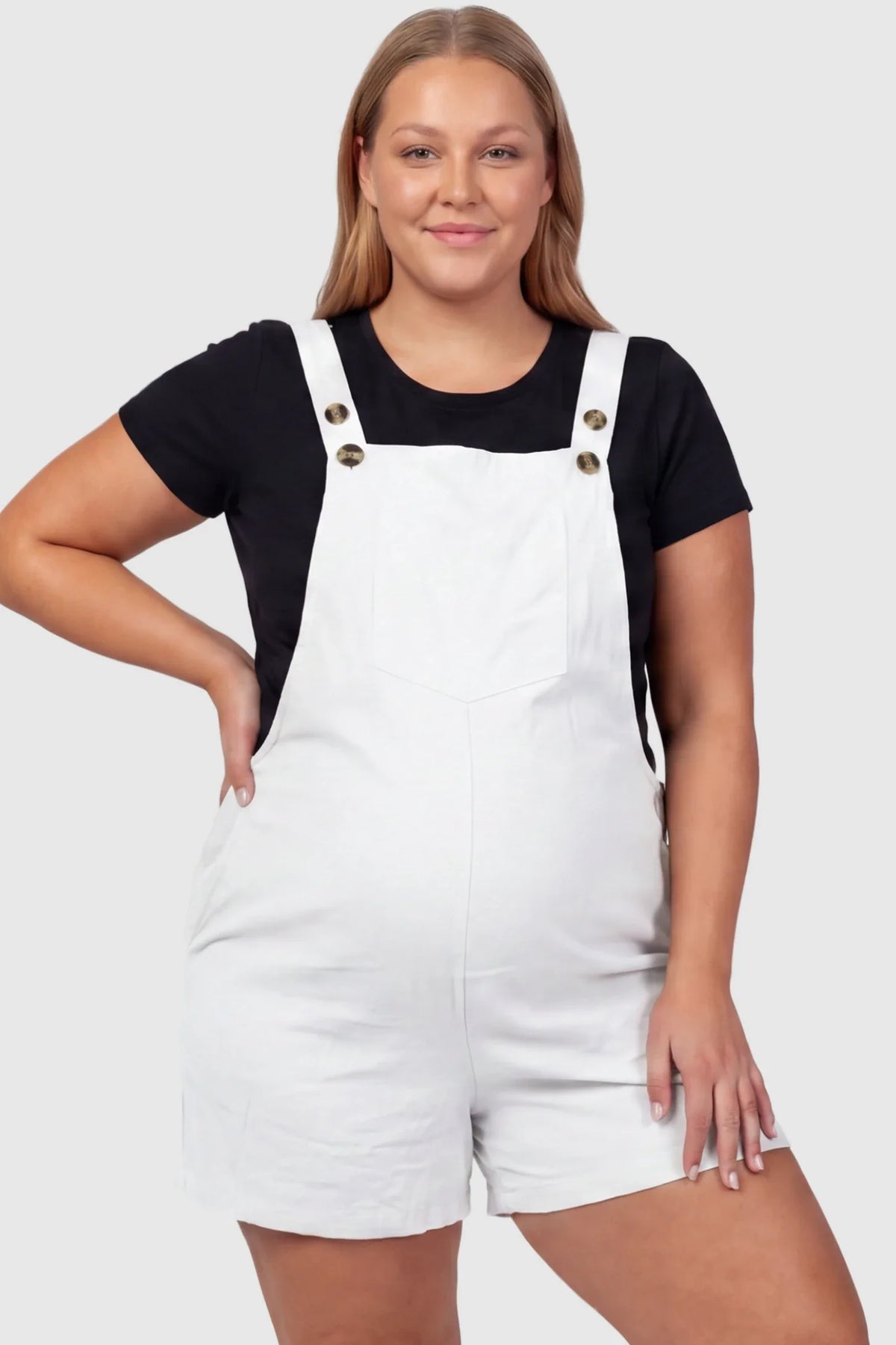 Adjustable-Waist Maternity Short Overalls with Pockets