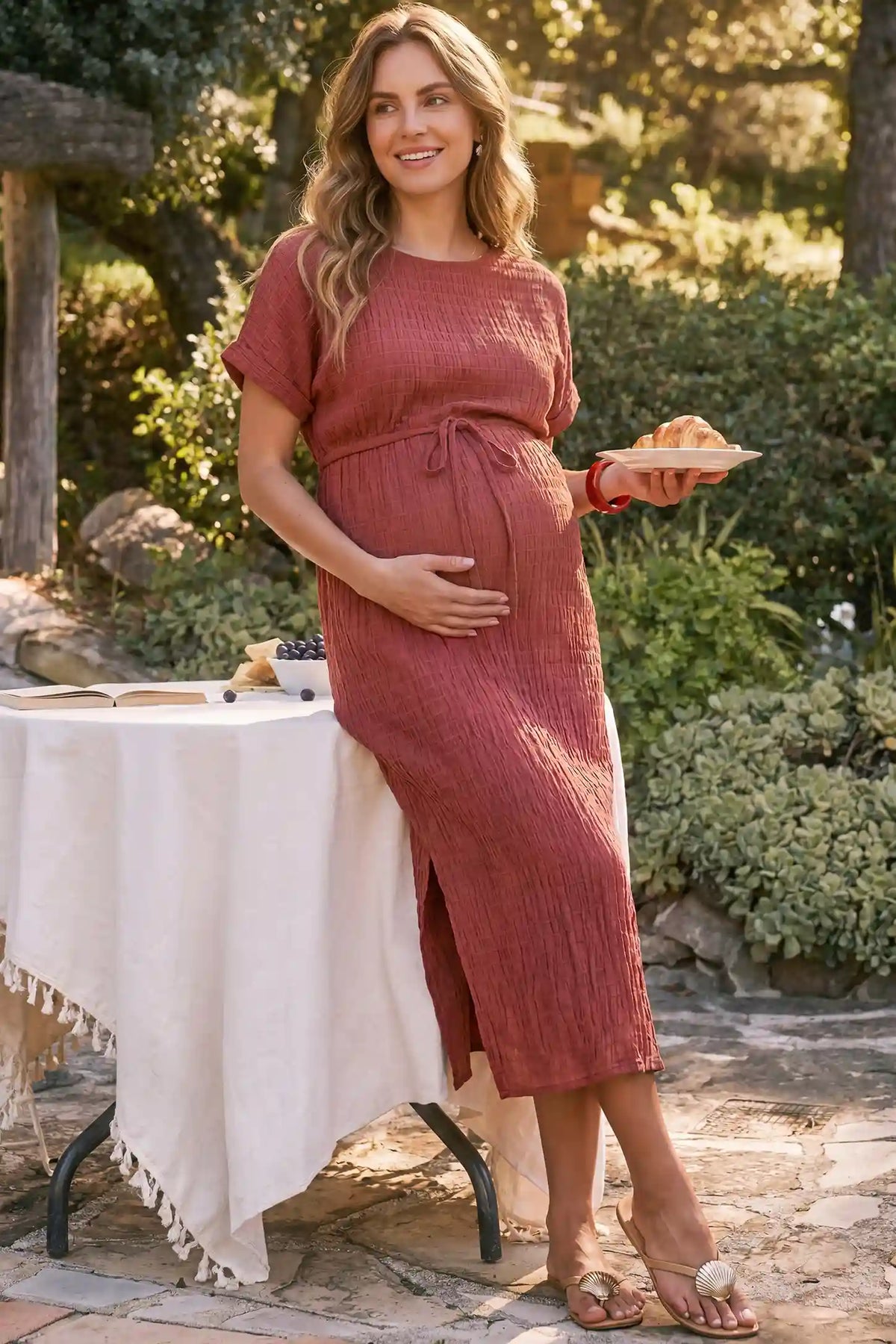 Tie-Waist Empire Maternity Midi Dress