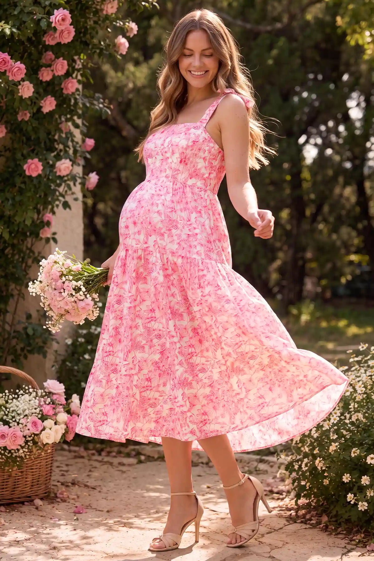 Bloom Smocked-Back Floral Tiered Maternity Maxi Dress