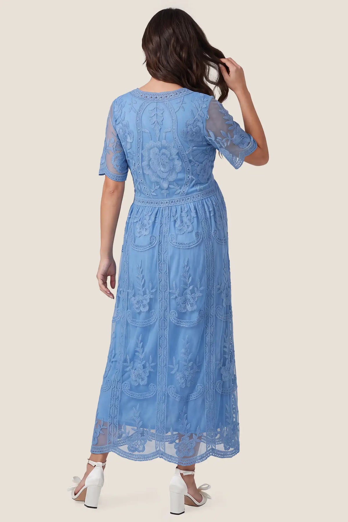 Magnolia Lace Maternity Maxi Dress with Sheer Short Sleeves