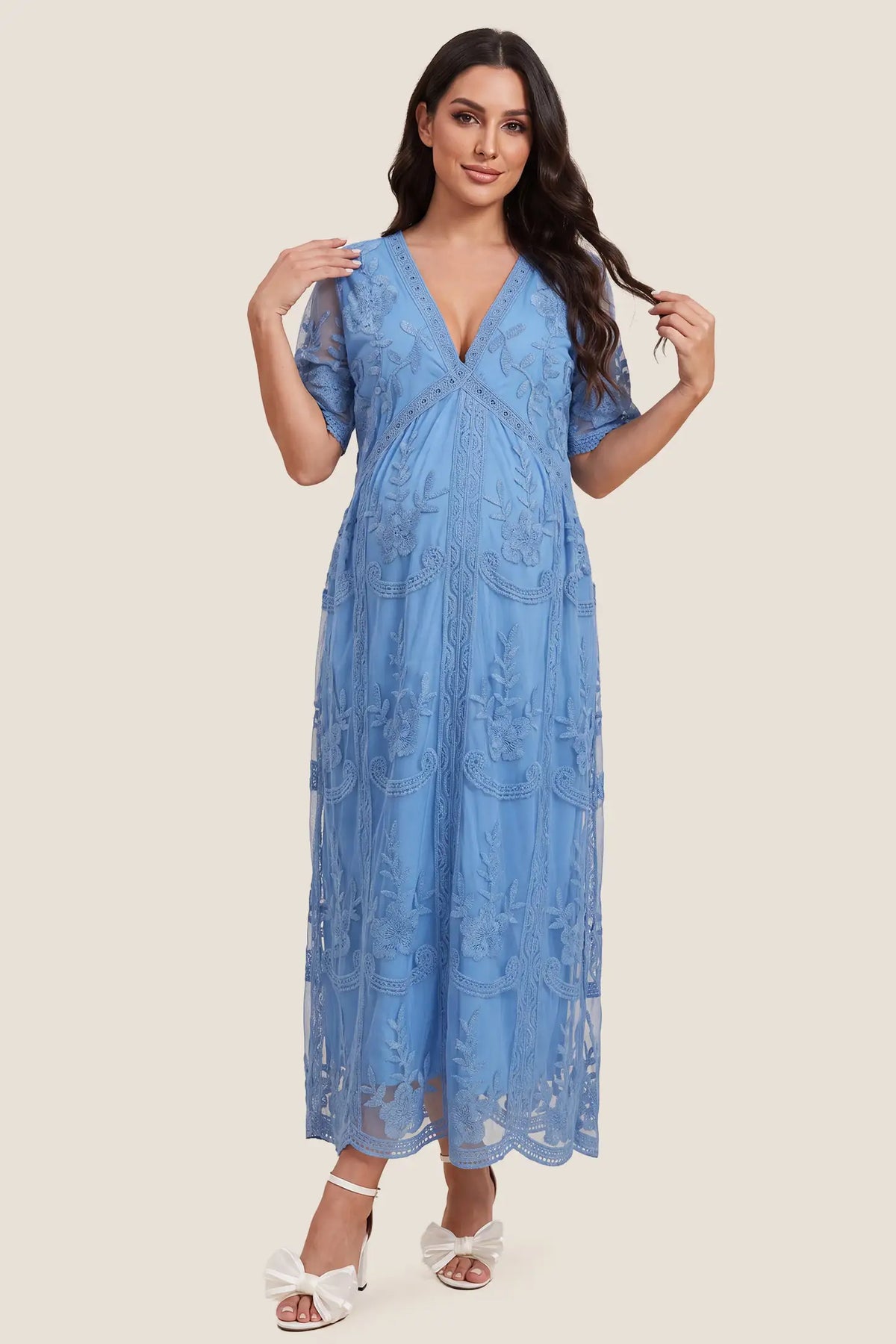 Magnolia Lace Maternity Maxi Dress with Sheer Short Sleeves