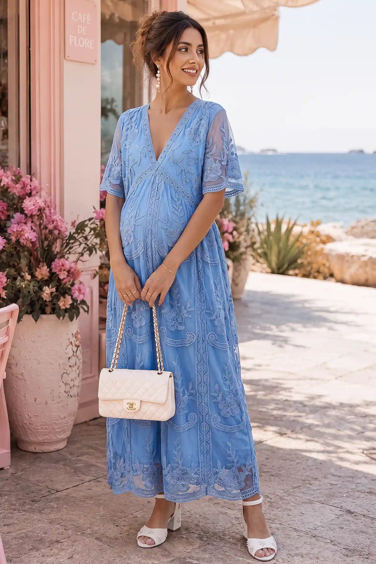Magnolia Lace Maternity Maxi Dress with Sheer Short Sleeves