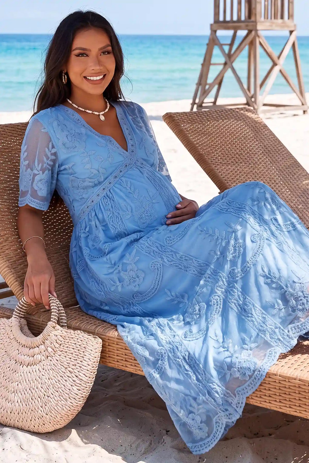 Magnolia Lace Maternity Maxi Dress with Sheer Short Sleeves