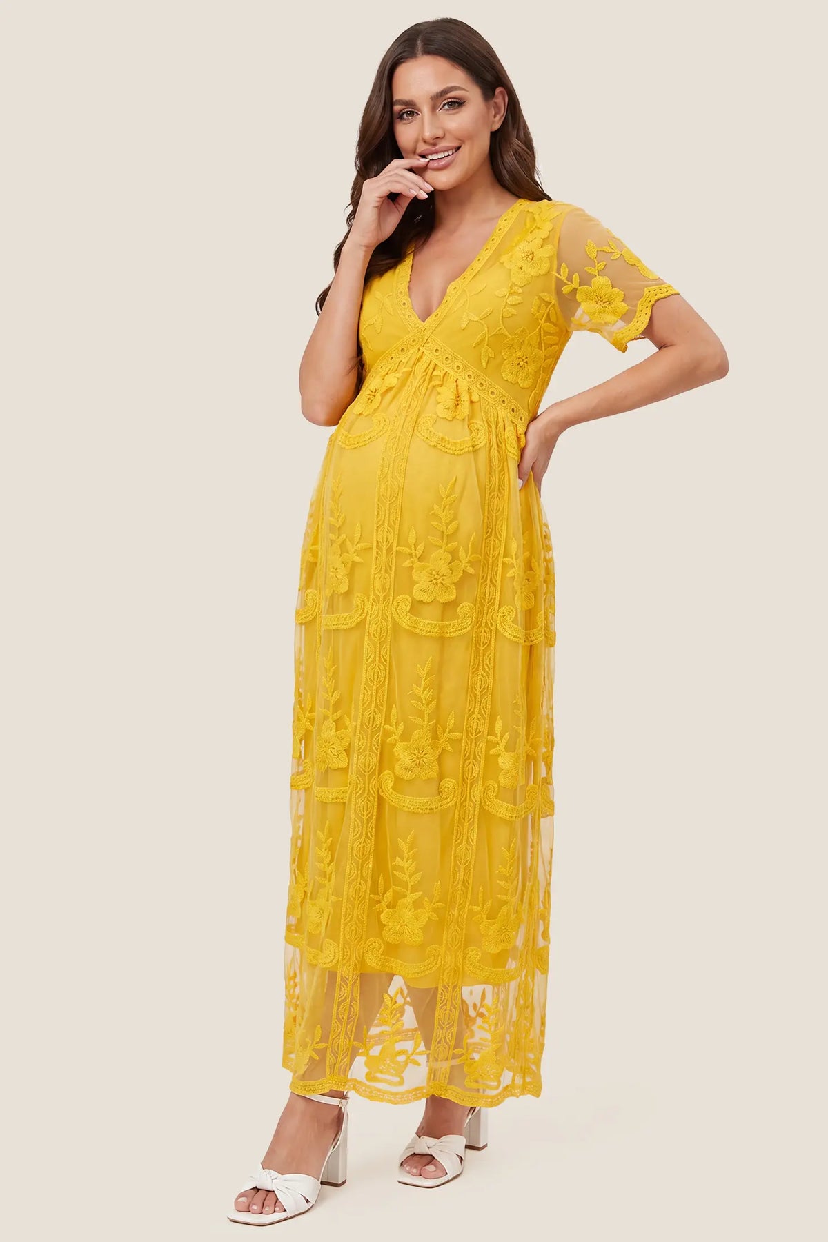Magnolia Lace Maternity Maxi Dress with Sheer Short Sleeves