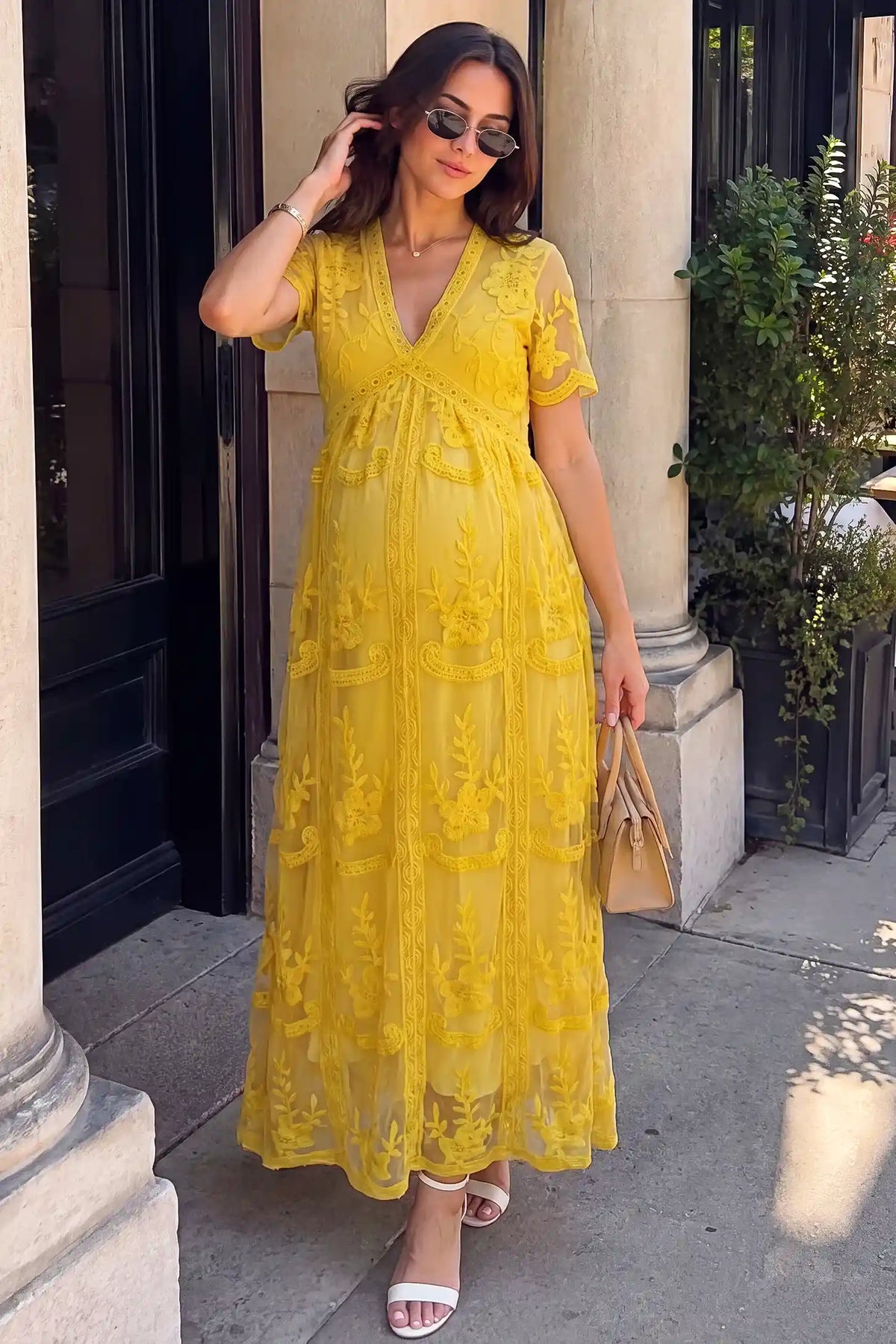 Magnolia Lace Maternity Maxi Dress with Sheer Short Sleeves