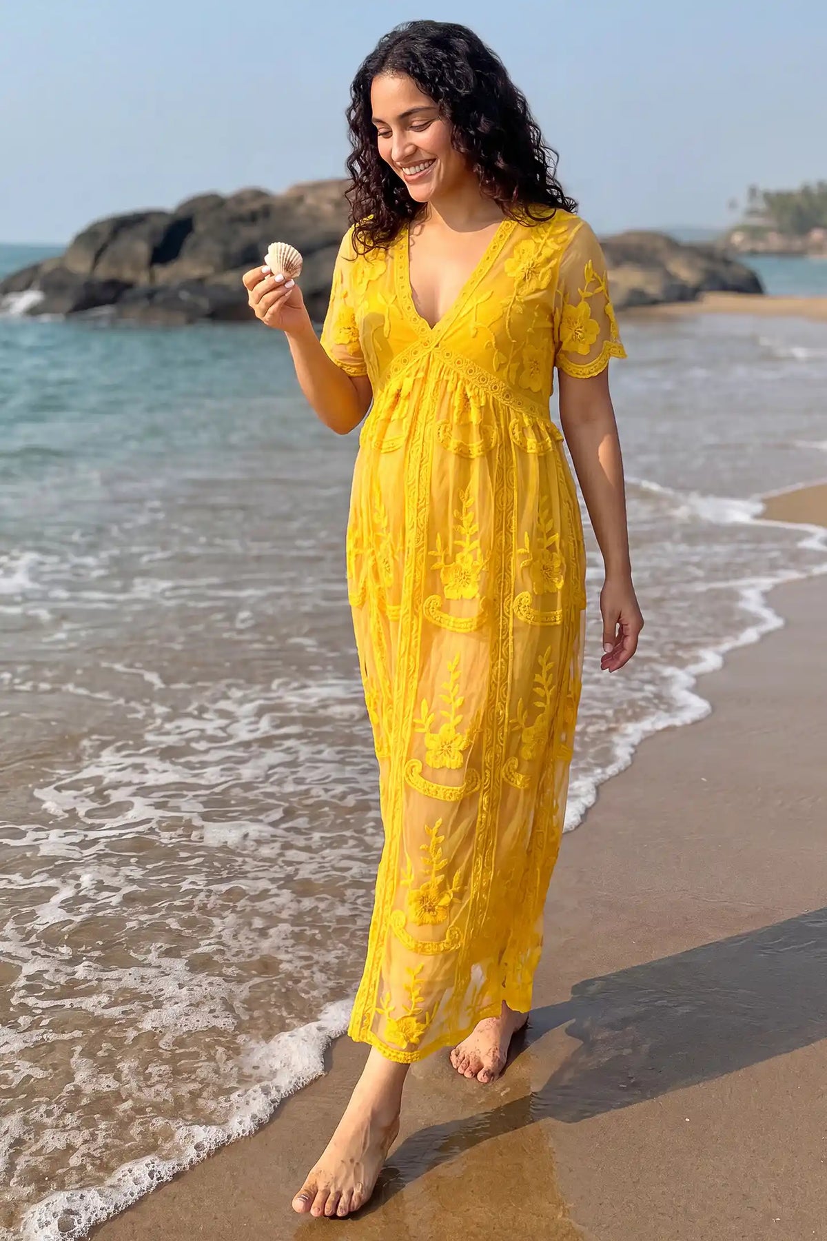 Magnolia Lace Maternity Maxi Dress with Sheer Short Sleeves