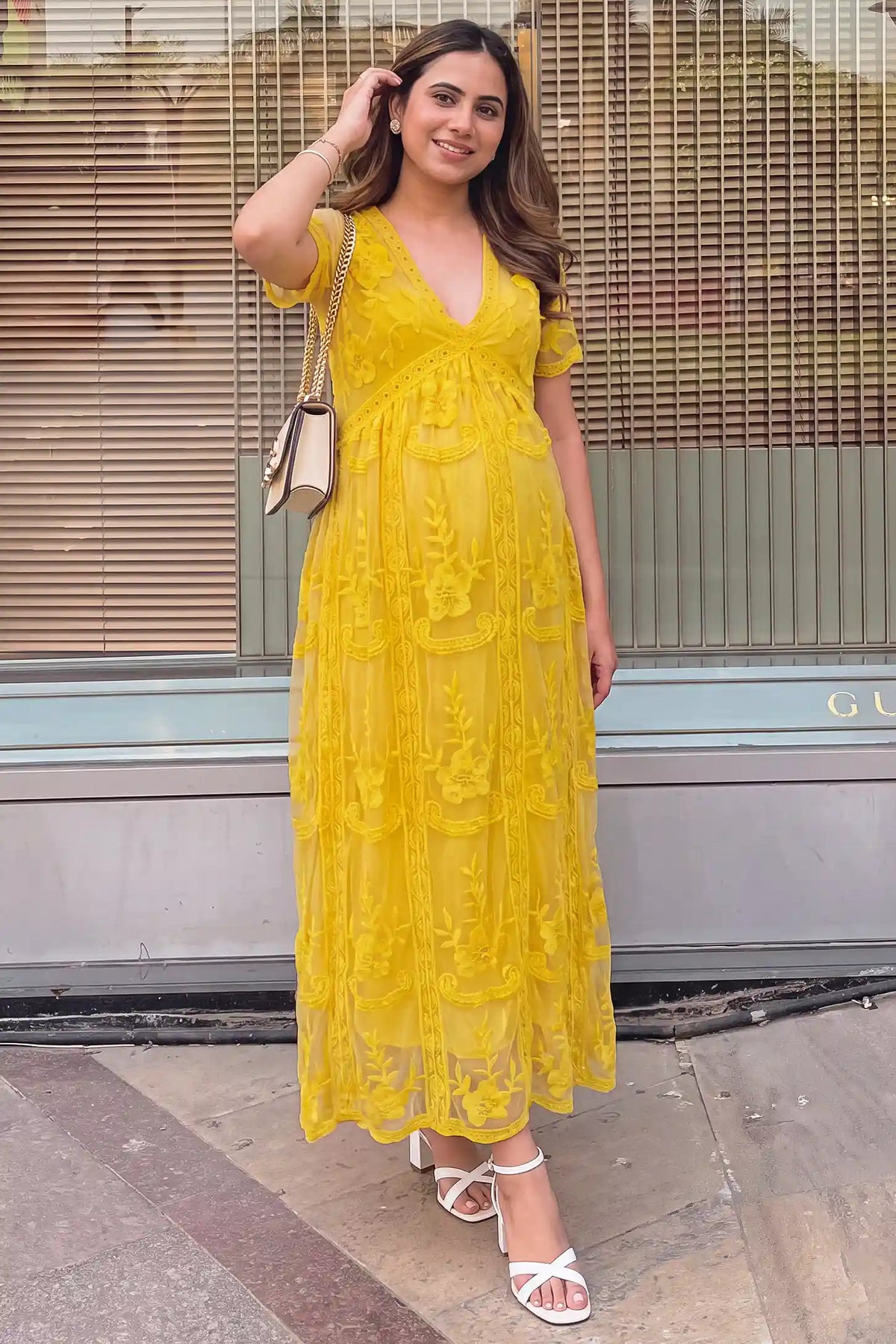 Magnolia Lace Maternity Maxi Dress with Sheer Short Sleeves