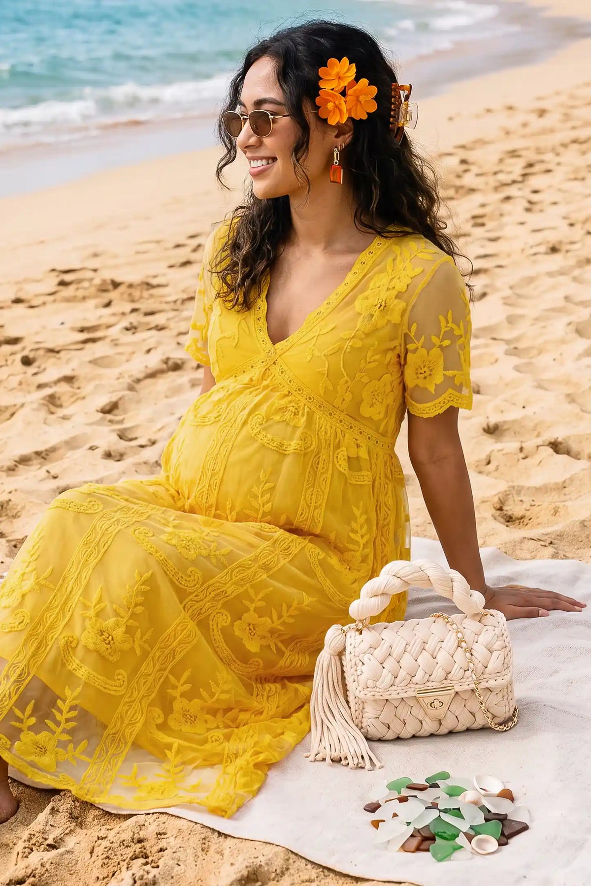Magnolia Lace Maternity Maxi Dress with Sheer Short Sleeves