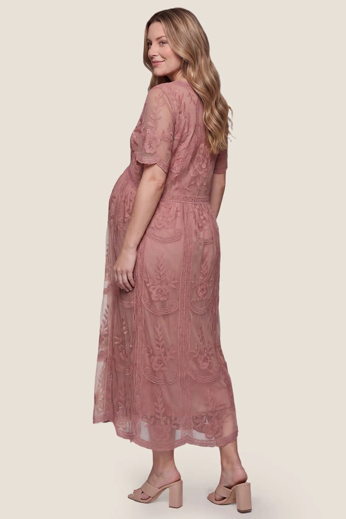 Magnolia Lace Maternity Maxi Dress with Sheer Short Sleeves