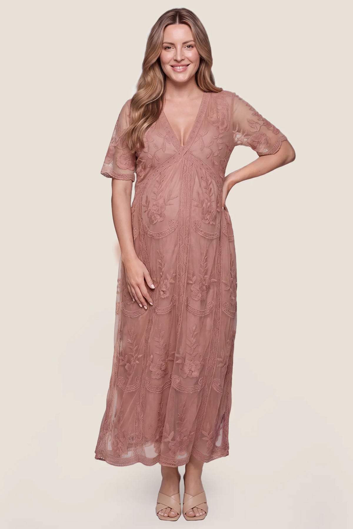 Magnolia Lace Maternity Maxi Dress with Sheer Short Sleeves