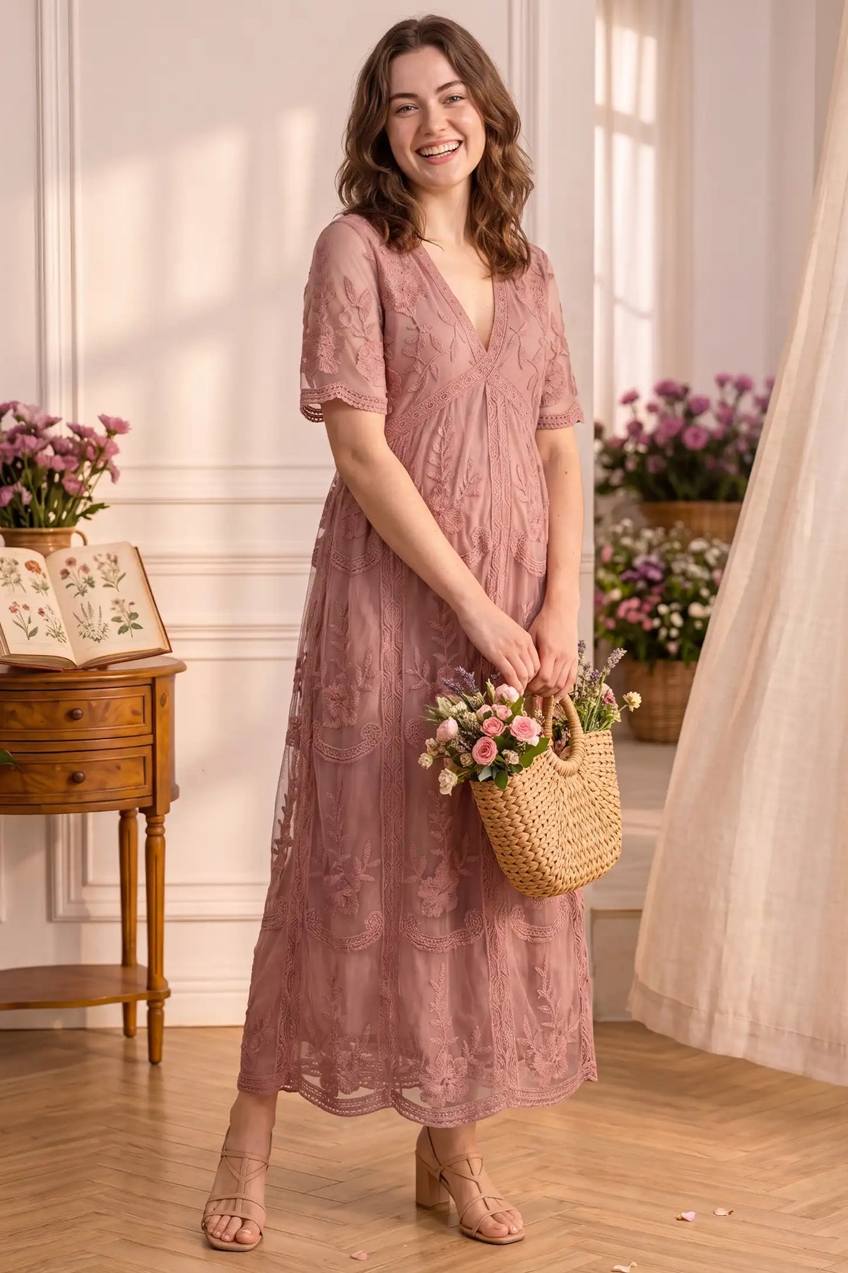Magnolia Lace Maternity Maxi Dress with Sheer Short Sleeves