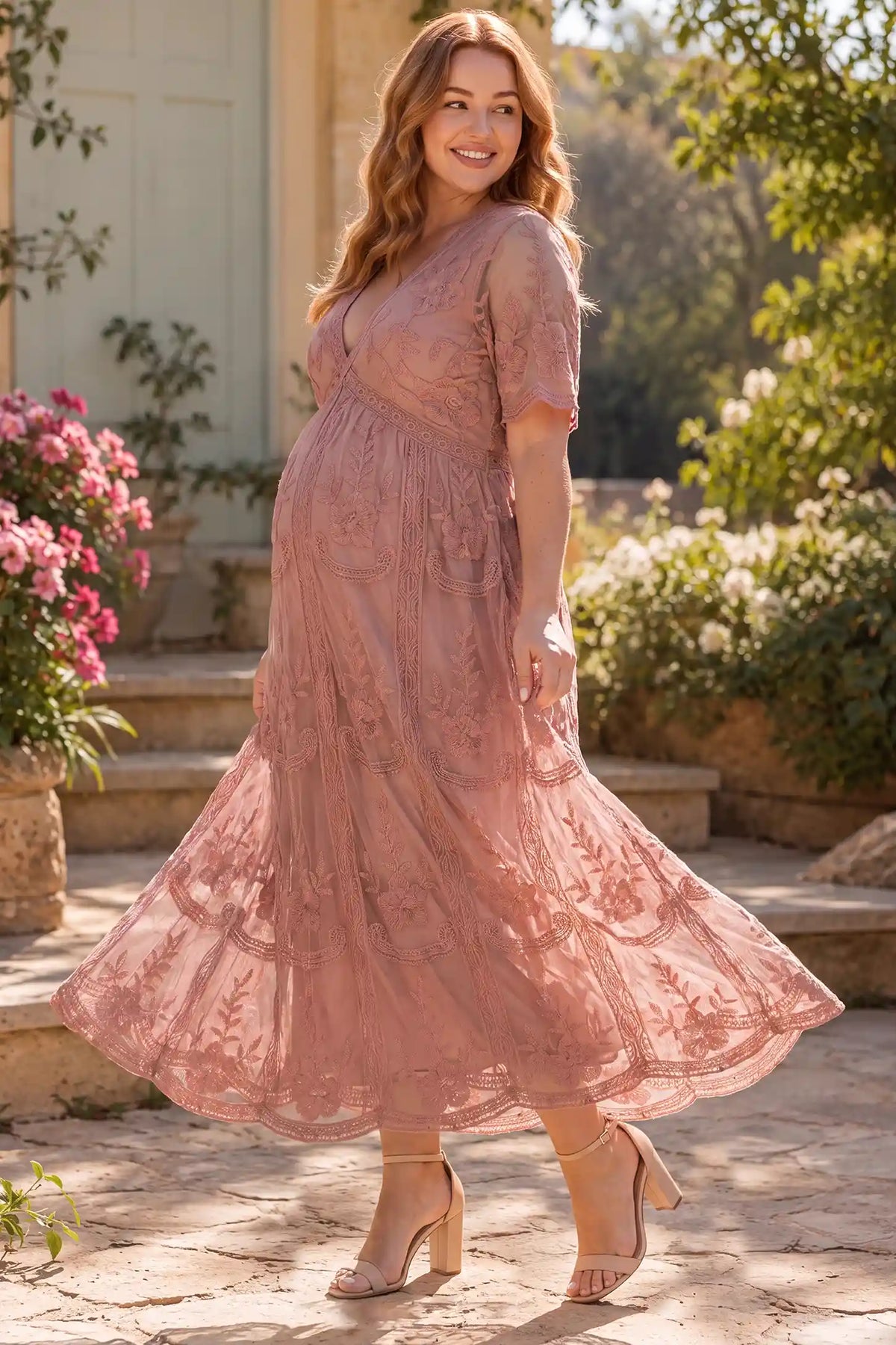 Magnolia Lace Maternity Maxi Dress with Sheer Short Sleeves