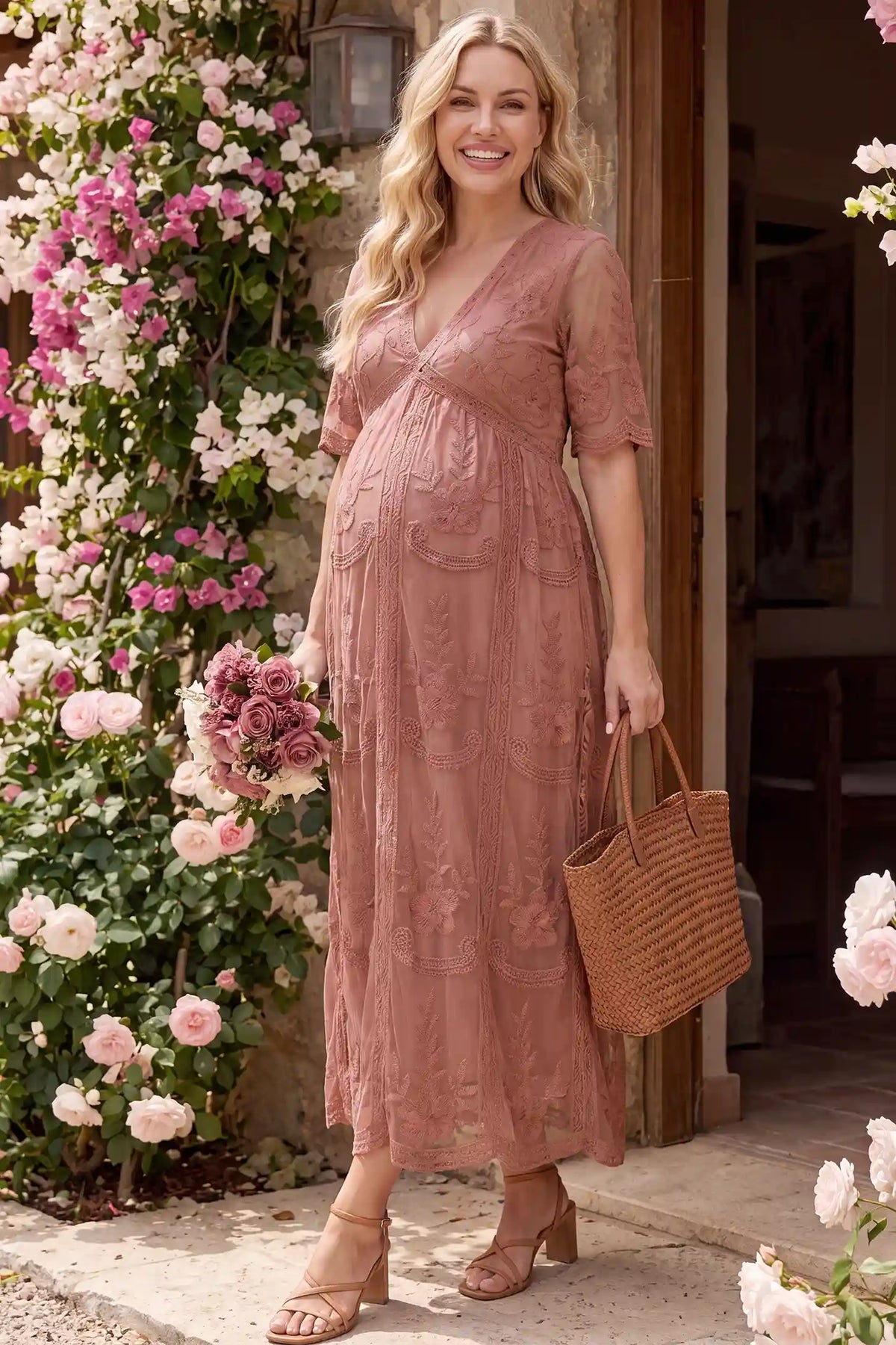 Magnolia Lace Maternity Maxi Dress with Sheer Short Sleeves