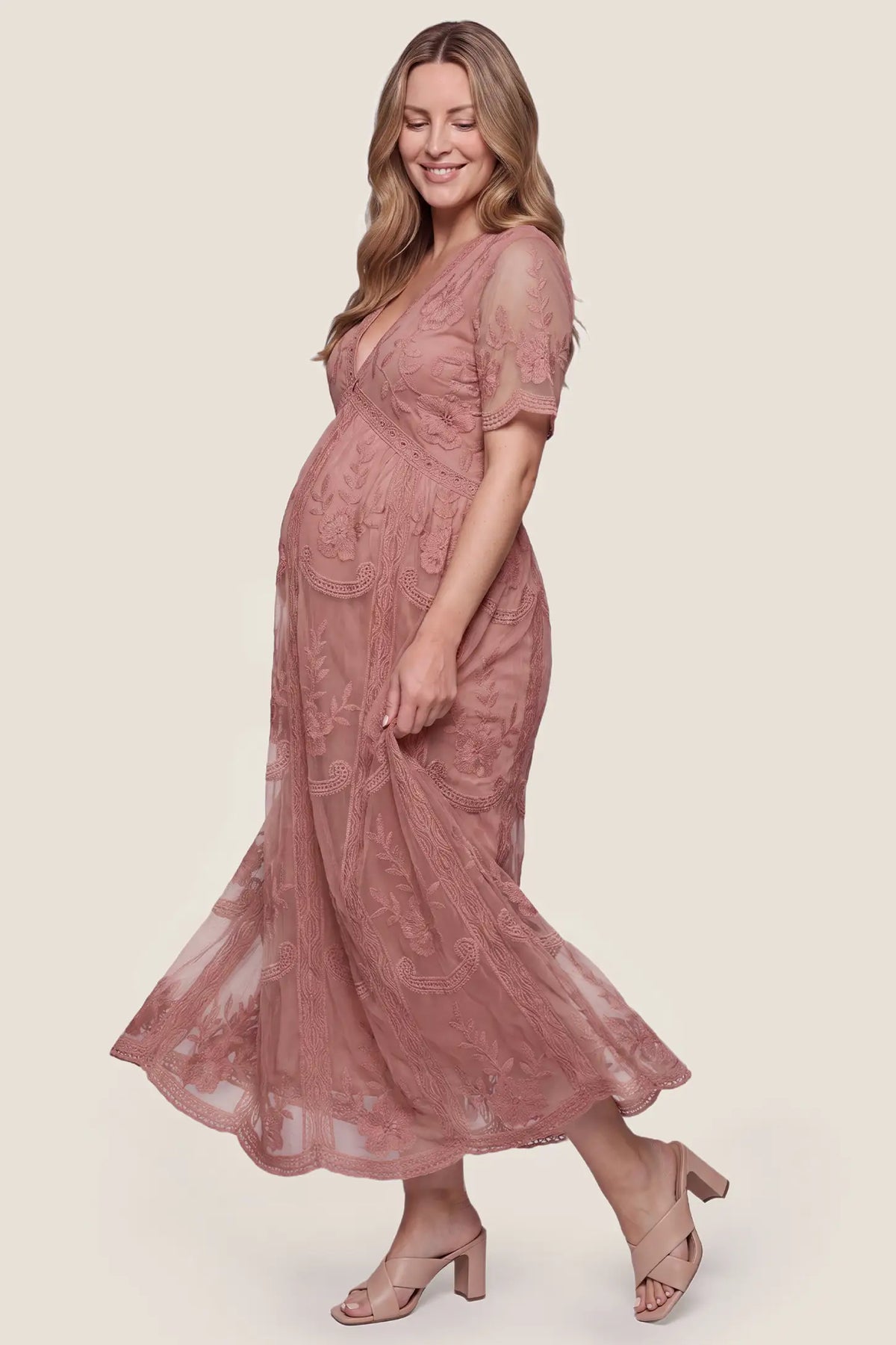 Magnolia Lace Maternity Maxi Dress with Sheer Short Sleeves