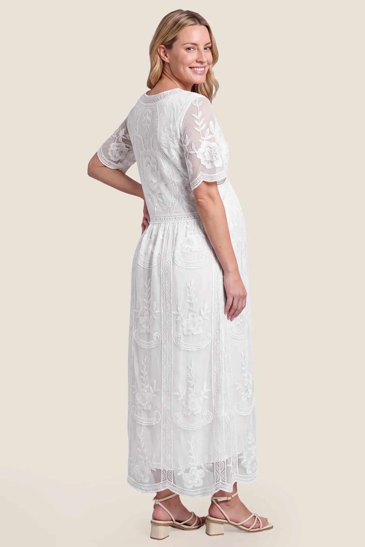 Magnolia Lace Maternity Maxi Dress with Sheer Short Sleeves
