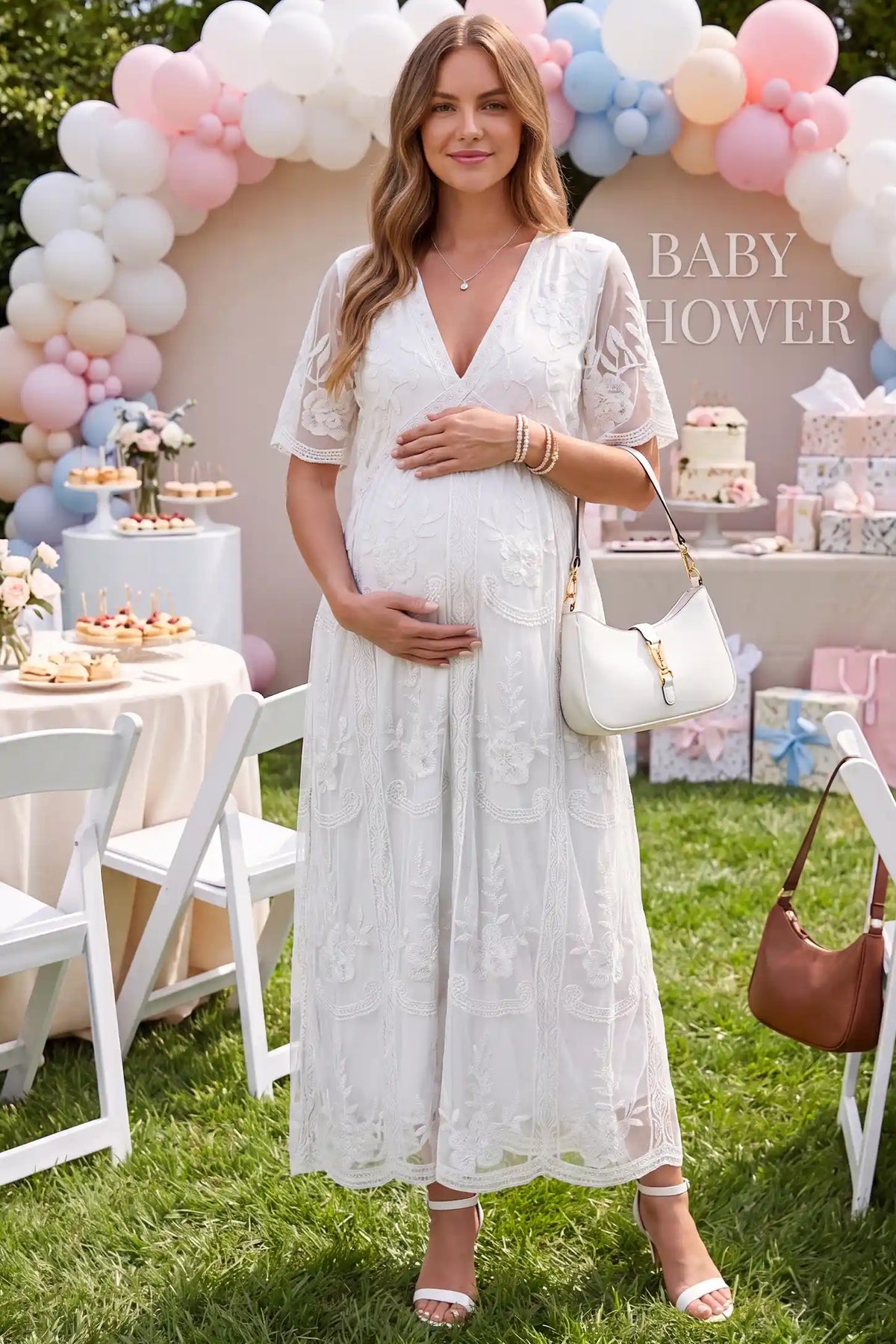 Magnolia Lace Maternity Maxi Dress with Sheer Short Sleeves
