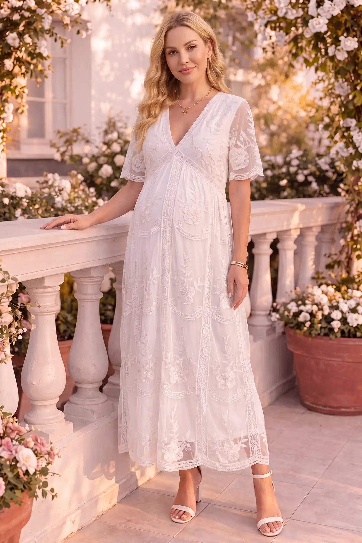 Magnolia Lace Maternity Maxi Dress with Sheer Short Sleeves