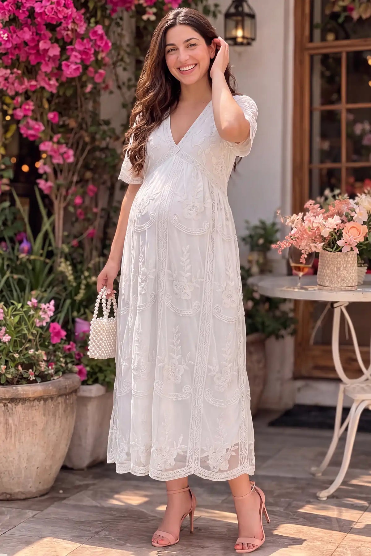 Magnolia Lace Maternity Maxi Dress with Sheer Short Sleeves