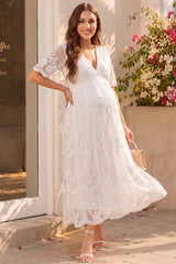Magnolia Lace Maternity Maxi Dress with Sheer Short Sleeves