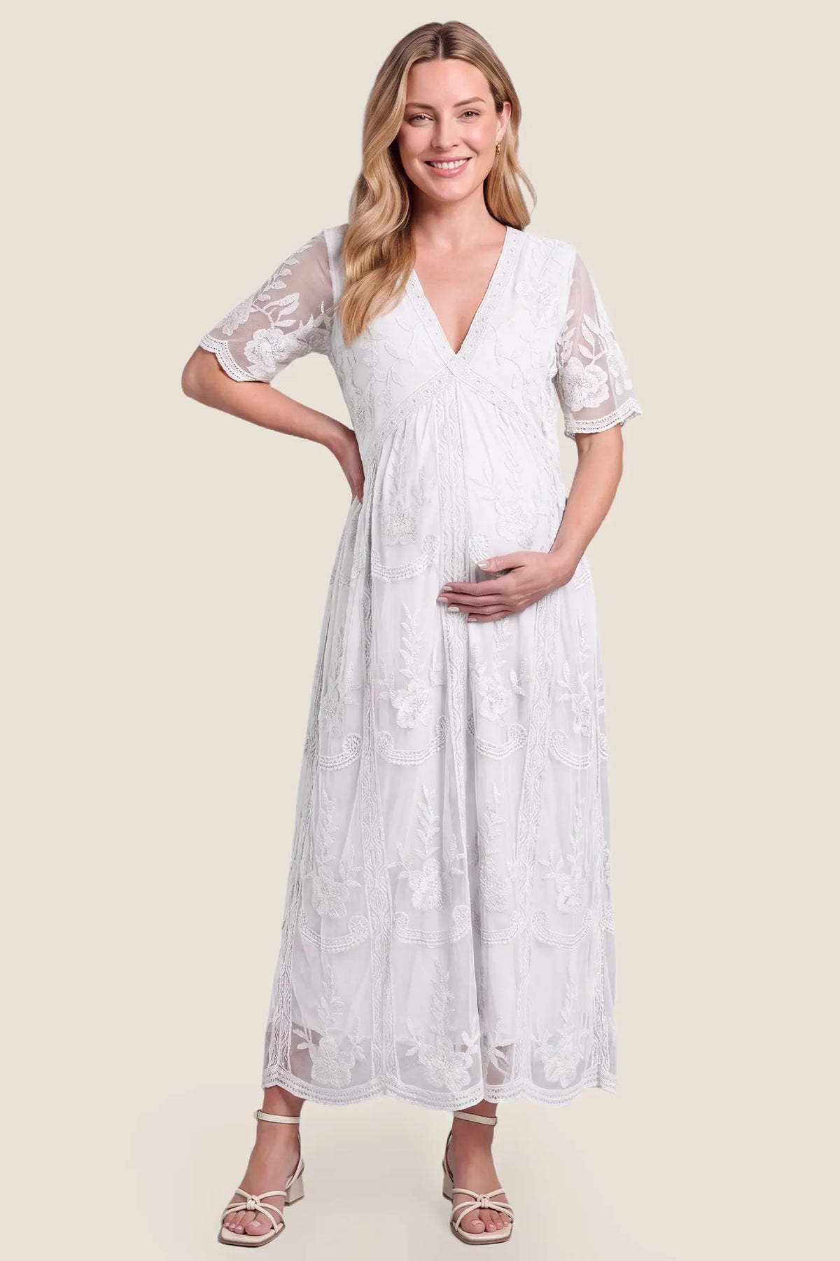 Magnolia Lace Maternity Maxi Dress with Sheer Short Sleeves