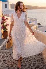 Magnolia Lace Maternity Maxi Dress with Sheer Short Sleeves
