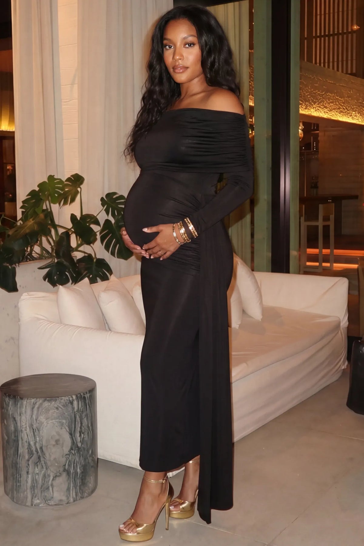 Opal Off-Shoulder Ruched Bodycon Maternity Maxi Dress