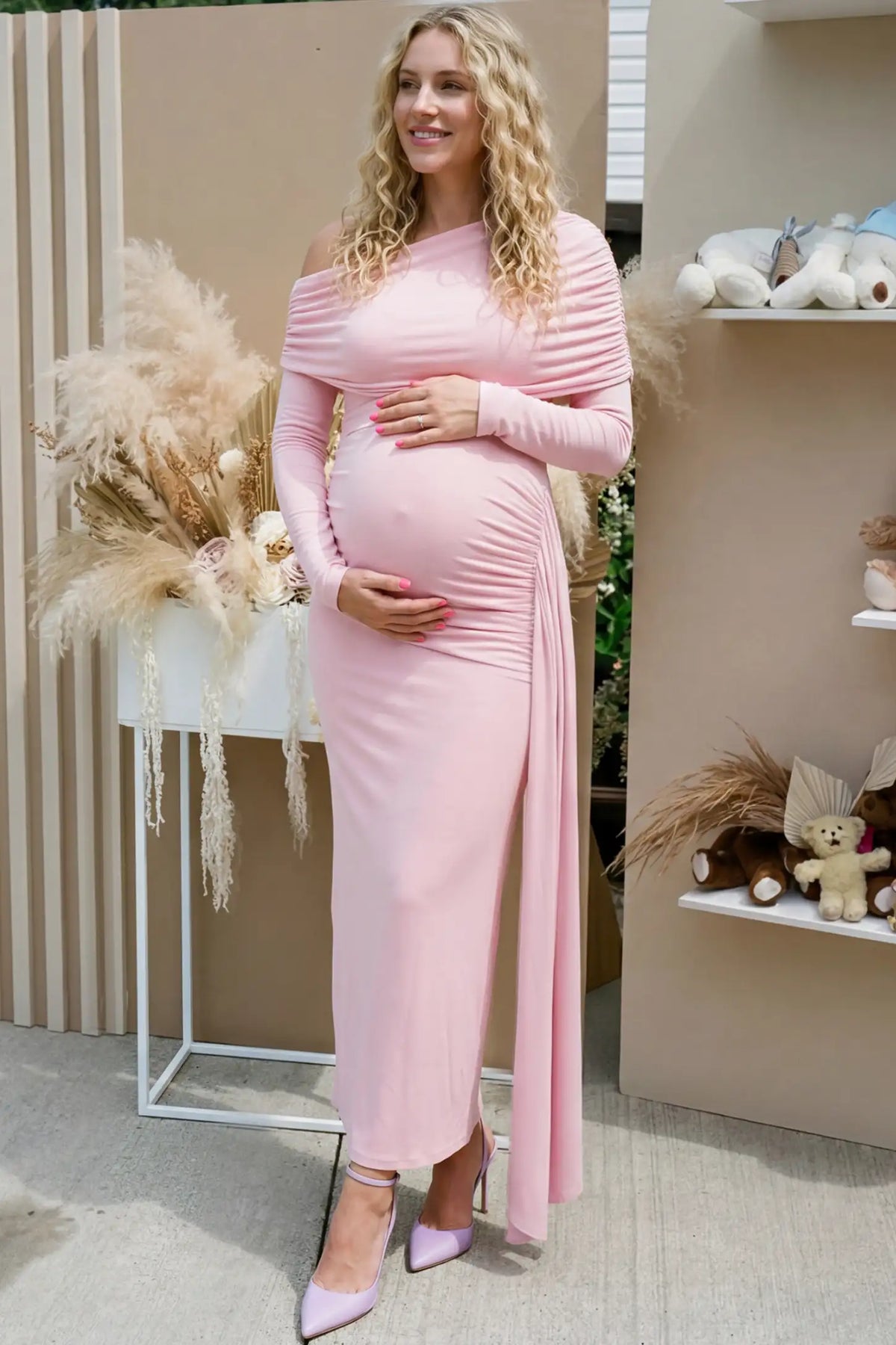 Opal Off-Shoulder Ruched Bodycon Maternity Maxi Dress