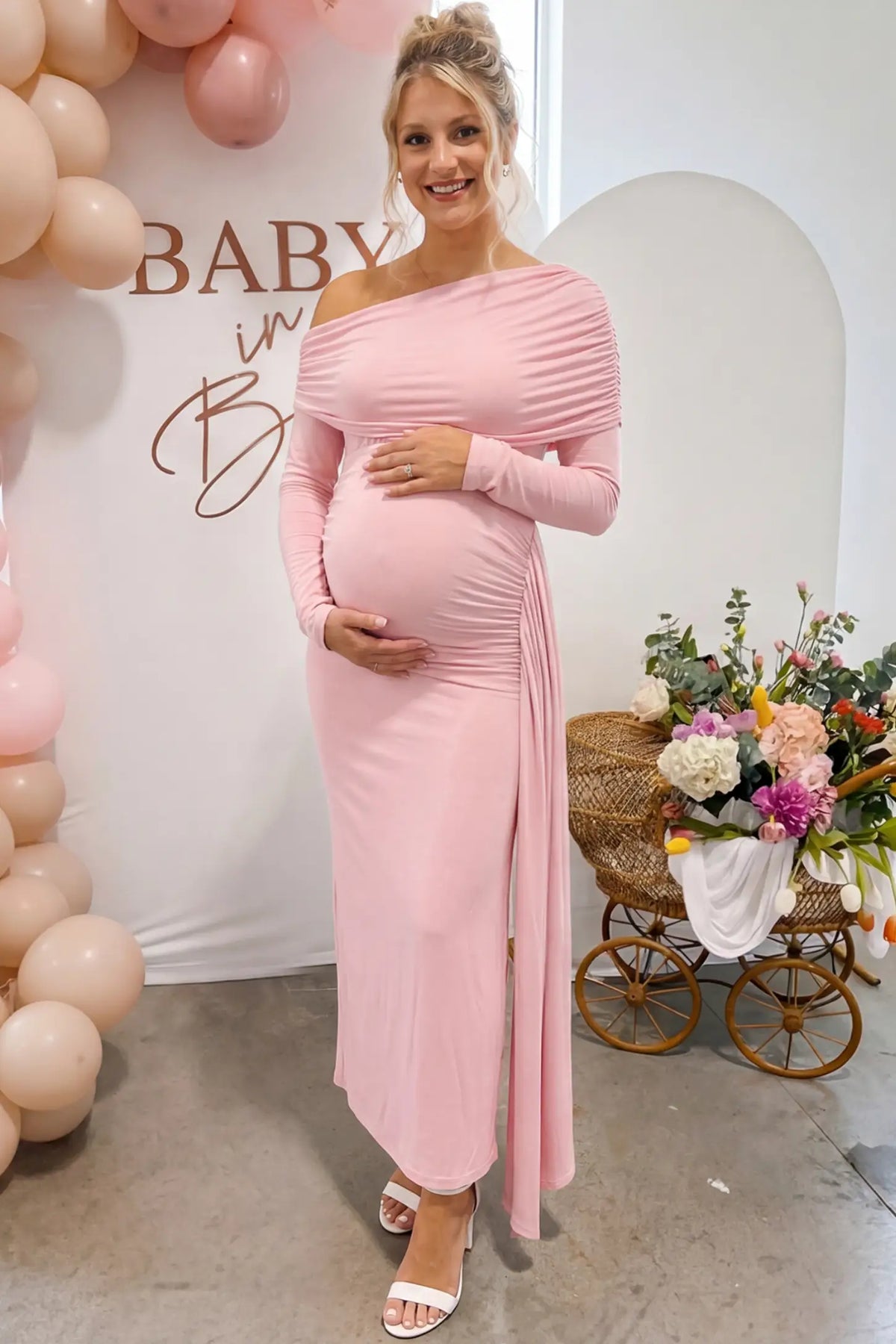 Opal Off-Shoulder Ruched Bodycon Maternity Maxi Dress