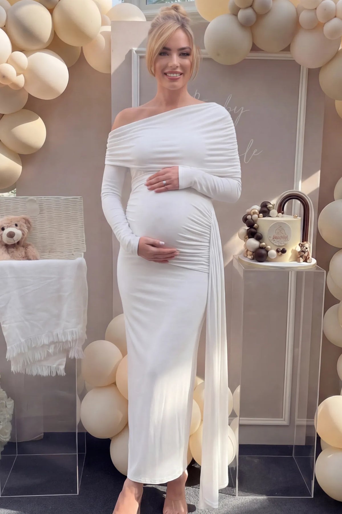 Opal Off-Shoulder Ruched Bodycon Maternity Maxi Dress