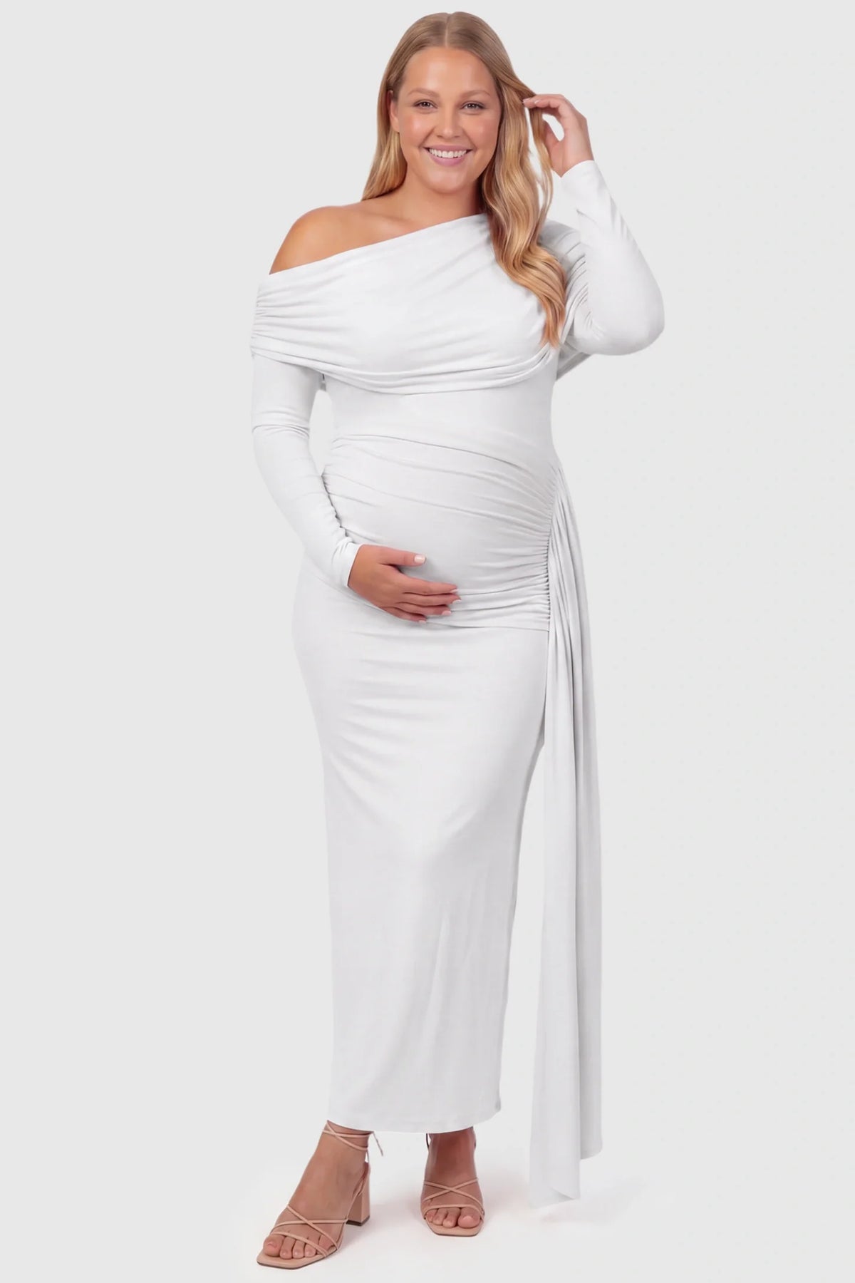Opal Off-Shoulder Ruched Bodycon Maternity Maxi Dress