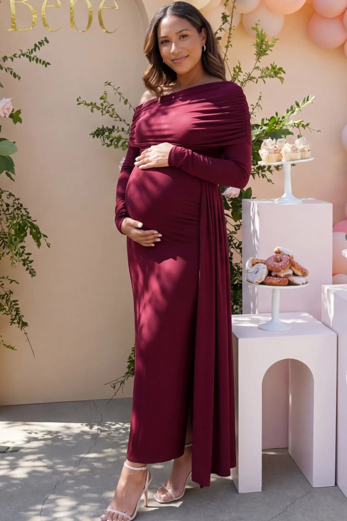 Opal Off-Shoulder Ruched Bodycon Maternity Maxi Dress