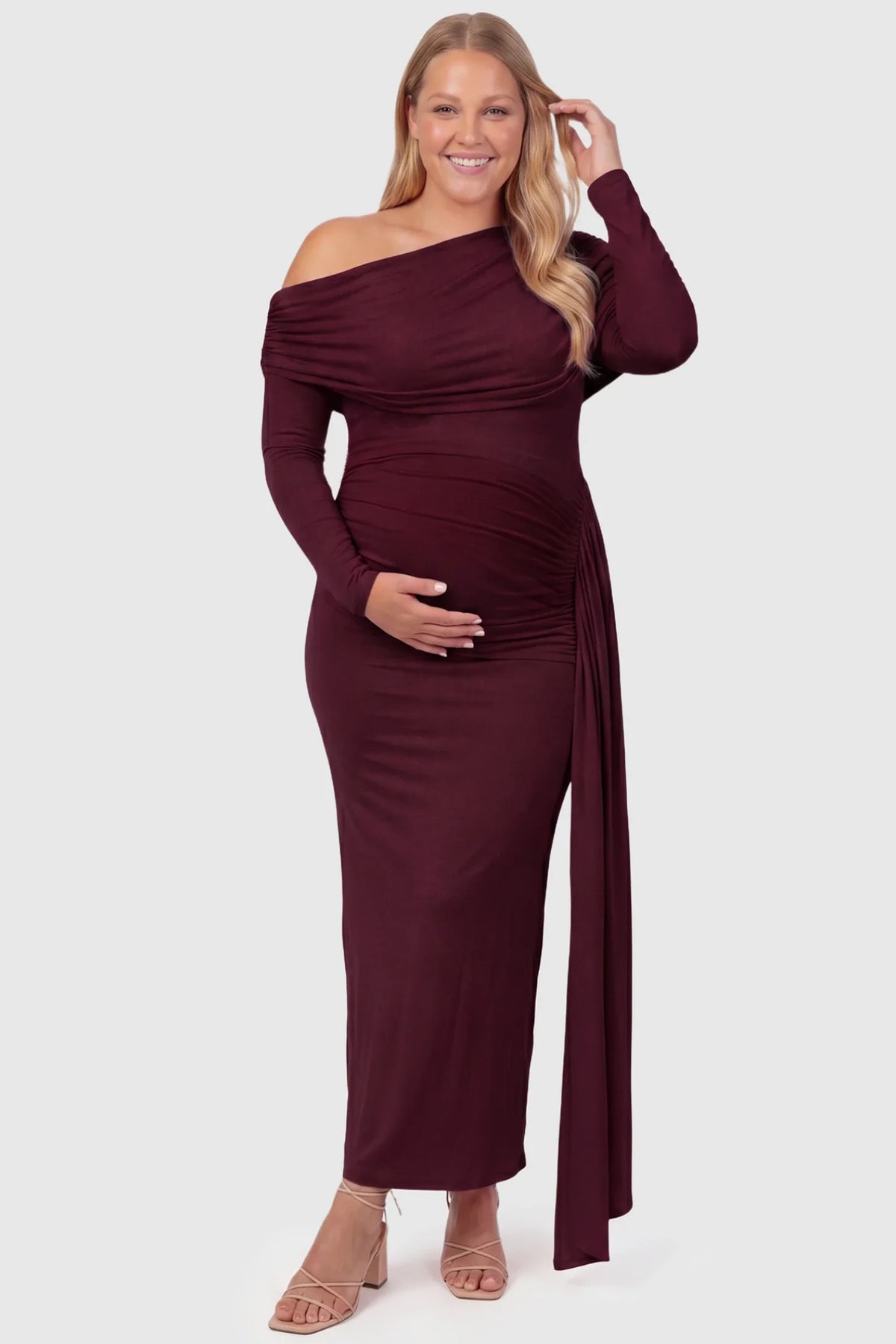 Opal Off-Shoulder Ruched Bodycon Maternity Maxi Dress