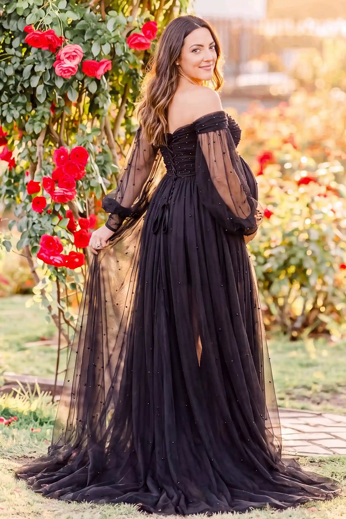 Luna Off-Shoulder Tulle Maternity Gown with Empire Waist