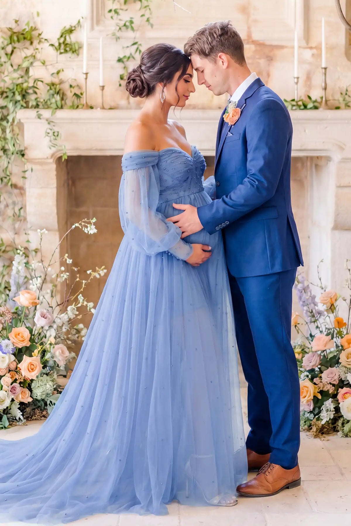 Luna Off-Shoulder Tulle Maternity Gown with Empire Waist