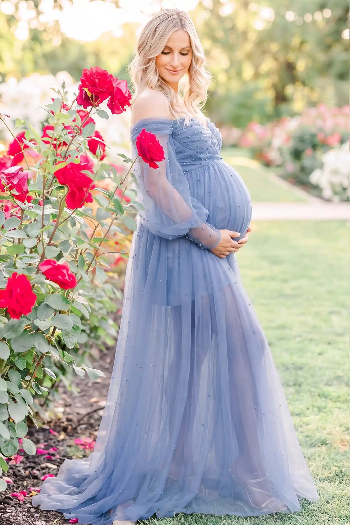 Luna Off-Shoulder Tulle Maternity Gown with Empire Waist