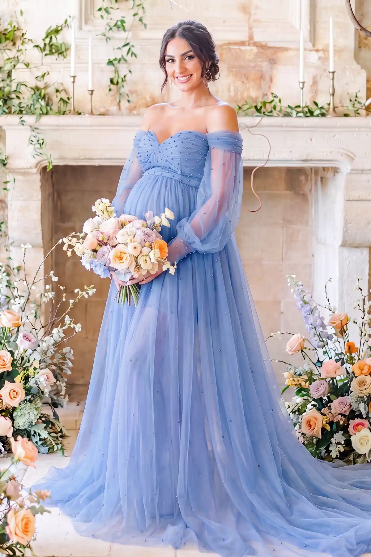 Luna Off-Shoulder Tulle Maternity Gown with Empire Waist