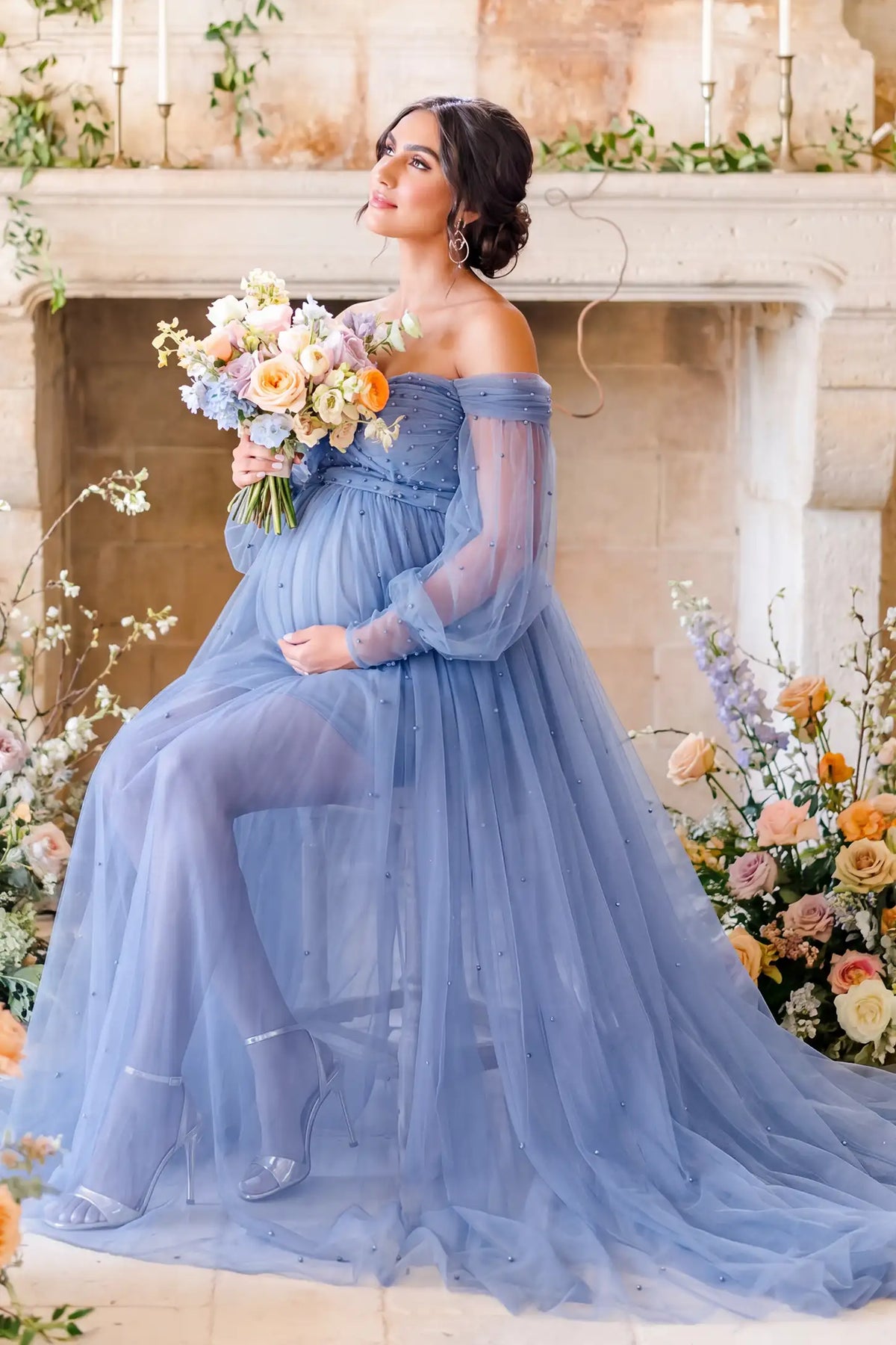 Luna Off-Shoulder Tulle Maternity Gown with Empire Waist
