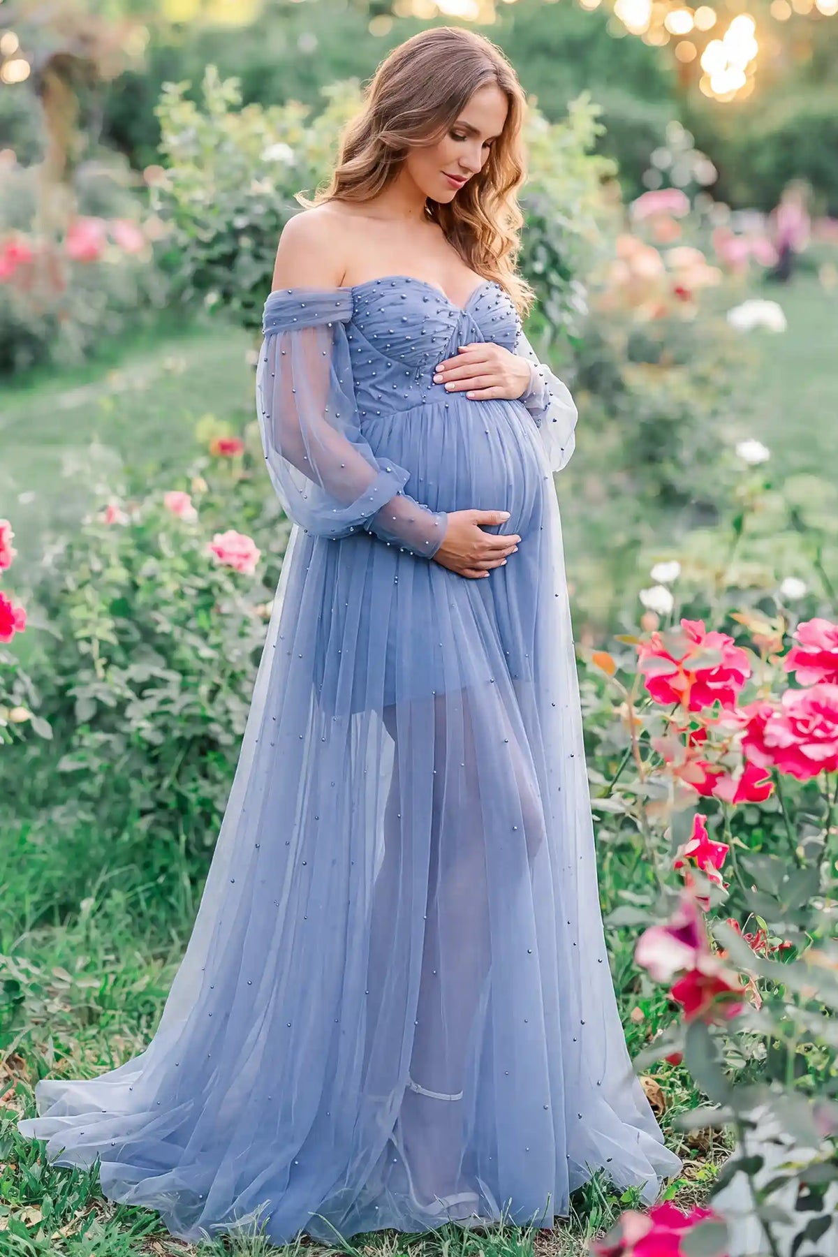 Luna Off-Shoulder Tulle Maternity Gown with Empire Waist