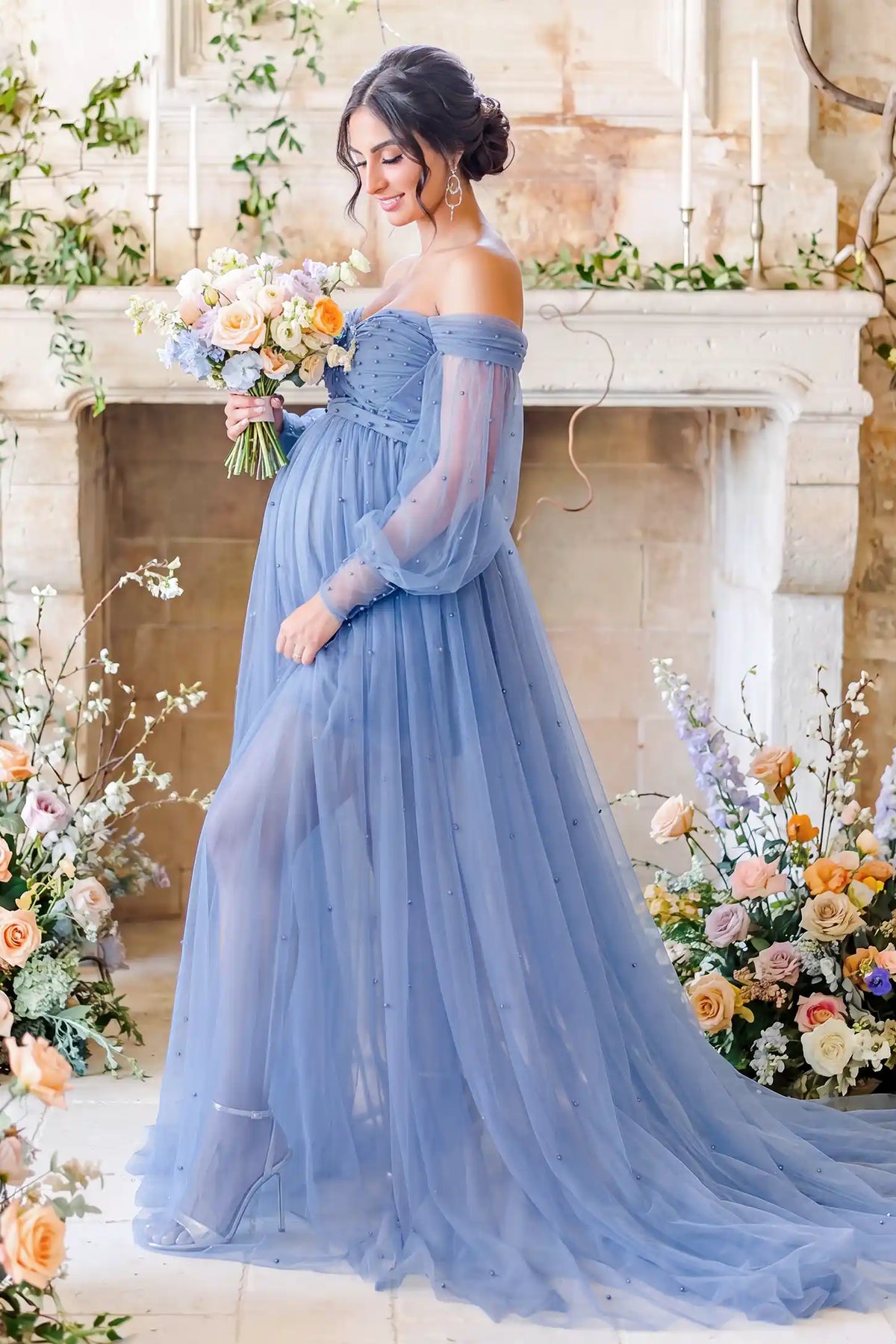 Luna Off-Shoulder Tulle Maternity Gown with Empire Waist
