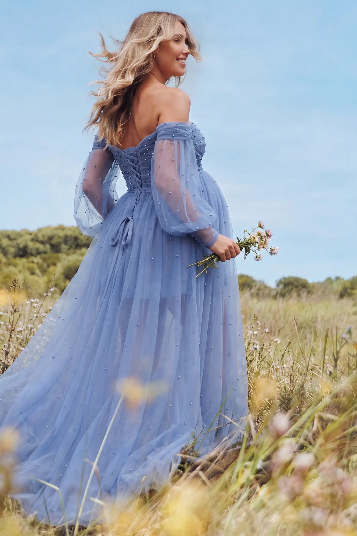 Luna Off-Shoulder Tulle Maternity Gown with Empire Waist