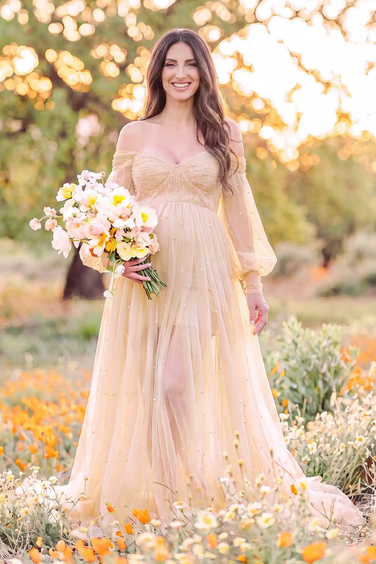 Luna Off-Shoulder Tulle Maternity Gown with Empire Waist