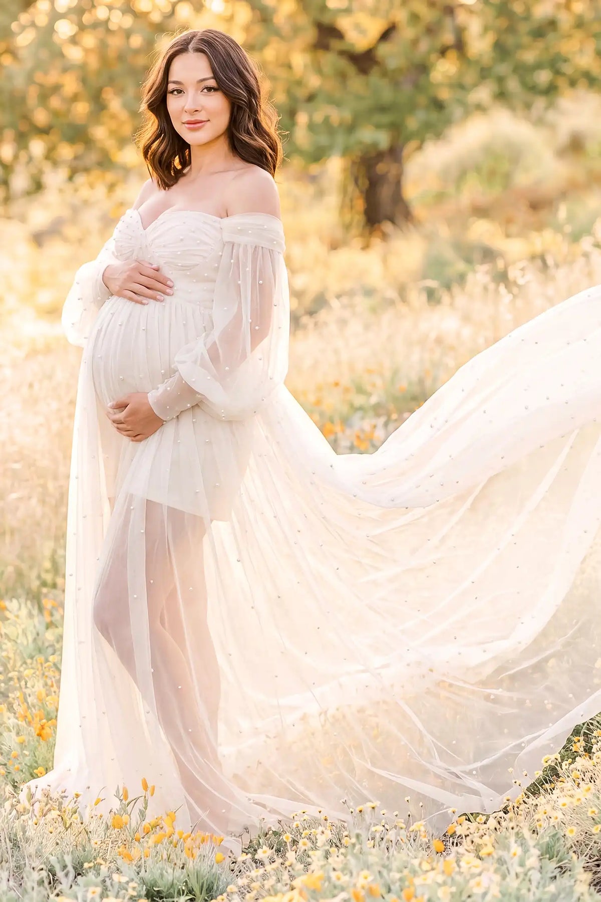 Luna Off-Shoulder Tulle Maternity Gown with Empire Waist
