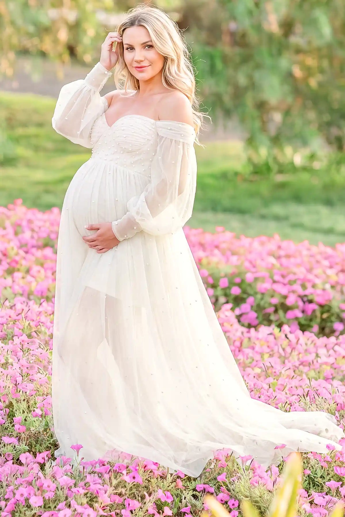 Luna Off-Shoulder Tulle Maternity Gown with Empire Waist